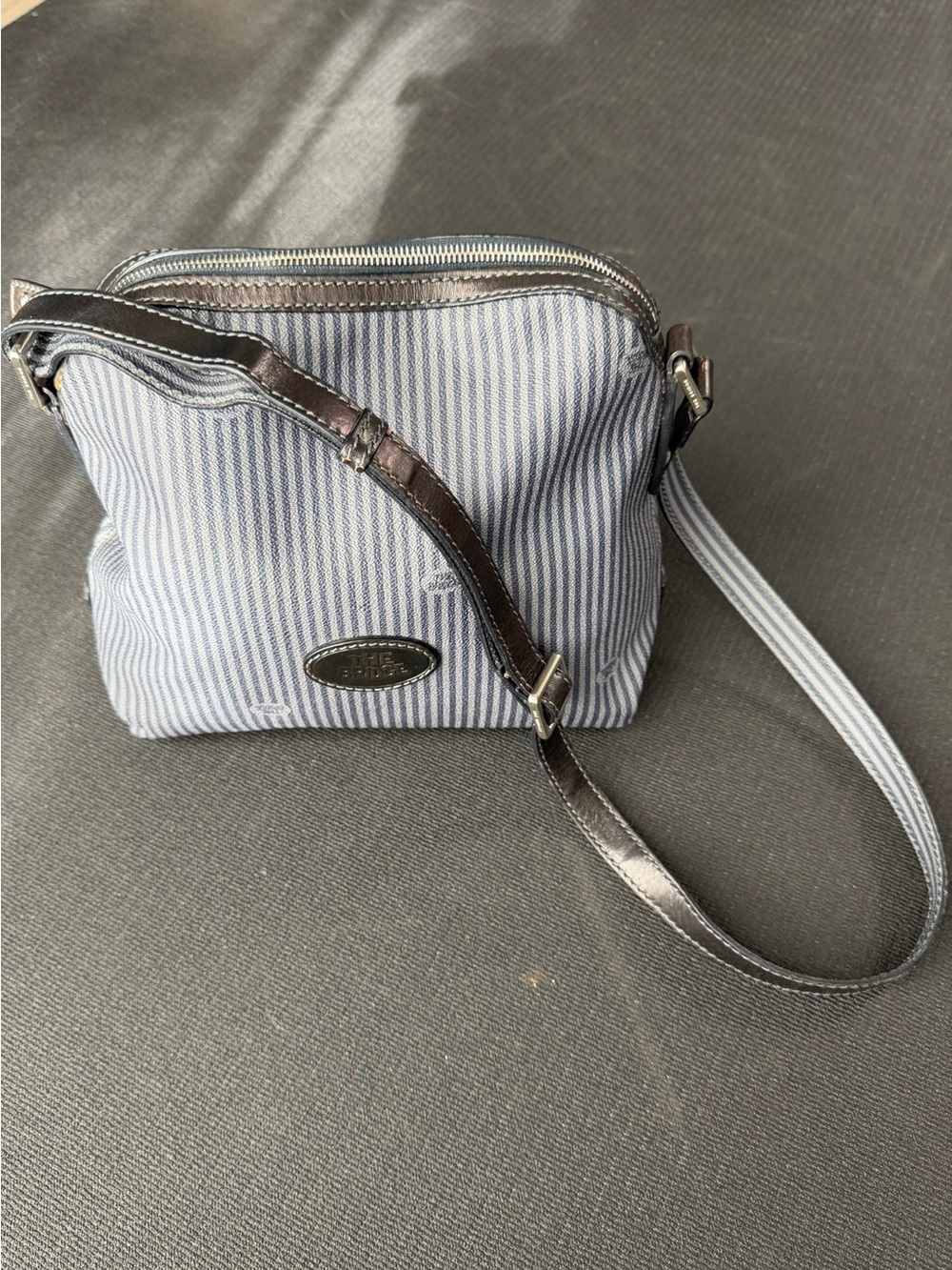 The Bridge Crossbody Bag Blue Stripe Canvas Leather Trim Italy